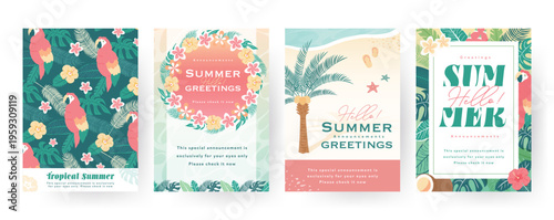 鳥や植物のカラフルな夏トロピカルな南国イメージの縦長背景フレームテンプレート_DM・カード・バナー広告等に