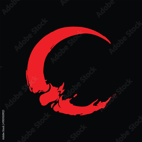Stylized red crescent moon with abstract, jagged silhouette resembling a wolf or canine head
