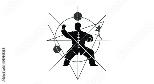 Silhouette of person in martial arts pose within abstract geometric design representing balance and movement