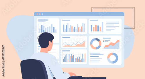 Man Analyzing Financial Data on a Large Computer Screen.