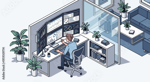 Man working at desk with multiple computer monitors.