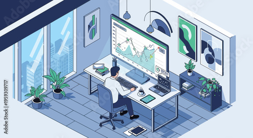 Man working at desk with computer displaying financial charts.