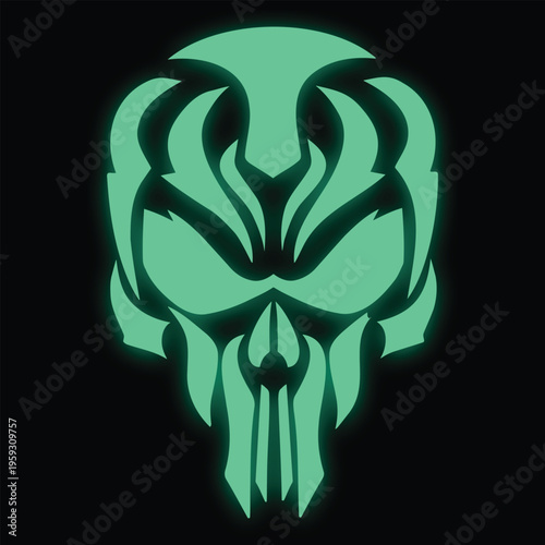 Stylized green neon skull design with intricate facial patterns and sharp contours