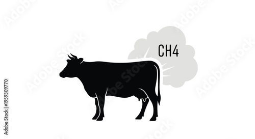 Black silhouette vector illustration of a cow emitting methane gas (CH4) from its rear, symbolizing livestock's impact on climate change and greenhouse gas emissions.