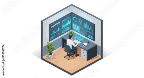 Man working in a futuristic control room with data screens.