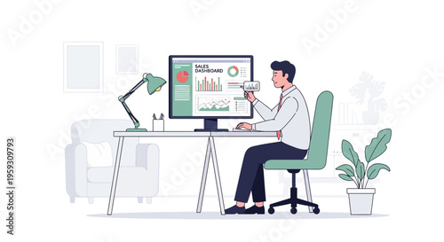 Man working on computer at desk with charts and graphs.