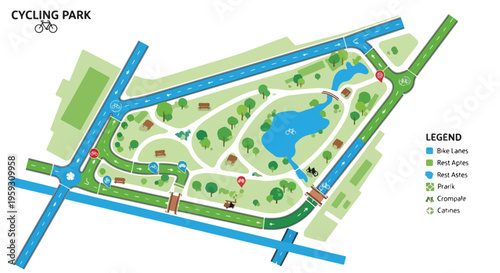Detailed Cycling Park Map Vector Illustration with Bike Lanes, Rest Areas, Lakes, and Crossroads for Outdoor Recreation Planning