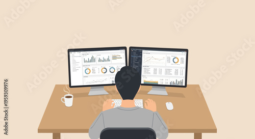 Person working on dual computer screens displaying charts.