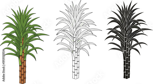 Set of travel suitcase icons in colorful flat style, thin line art, and black silhouette isolated on white background for vacation trip design.