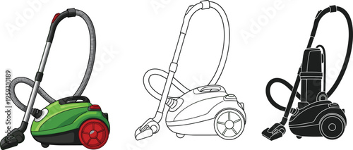 Set of three vacuum cleaner icons in colored flat style, thin line art, and black silhouette isolated on white background for cleaning service design