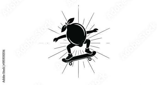Whimsical lemon character with arms and legs skateboarding with radiating lines on white background