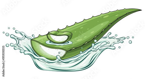 Fresh green aloe vera leaf with a small slice and water splash vector illustration, ideal for natural cosmetic, health, and wellness product designs