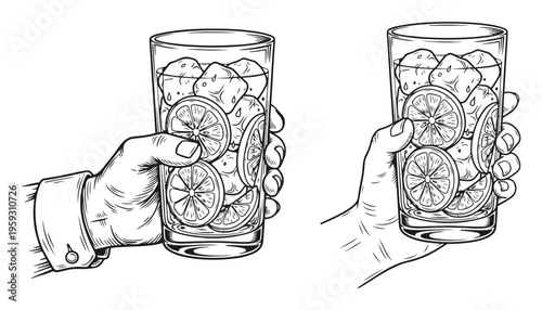 A hand holding a glass of water with lemon slices and ice cubes