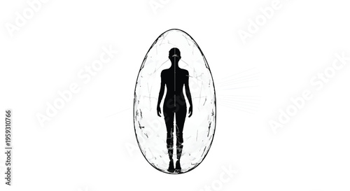 Silhouette of a person encased in a protective, glowing egg-shaped energy field against a white background.