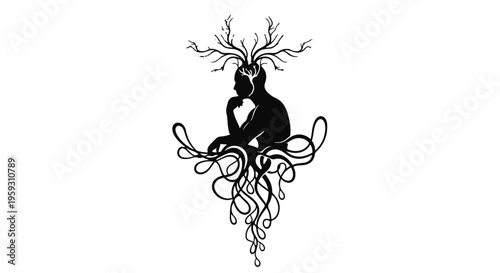 Silhouette of a thoughtful person with branches growing from their head, symbolizing growth and ideas.