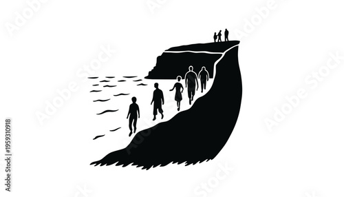 A cliff silhouette illustration of people walking off the edge into water