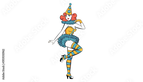 Clown female character vector illustration in colorful costume posing dynamically