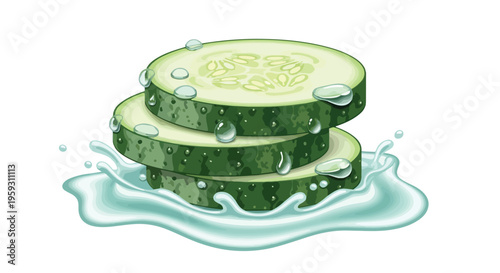 Fresh green cucumber slices with water splashes and droplets, vibrant vector illustration for healthy food, skincare, and spa concepts