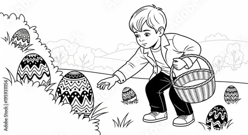 Boy is looking for easter eggs vector ilustration 