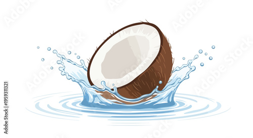 Fresh half coconut with brown shell and white flesh splashing into clear blue water, isolated vector illustration for tropical drinks and healthy food concepts