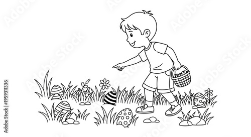 Boy is looking for easter eggs vector ilustration 