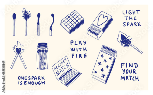 Match boxes, burning matches and lettering doodles. Hand Drawn Vector Icons Set.