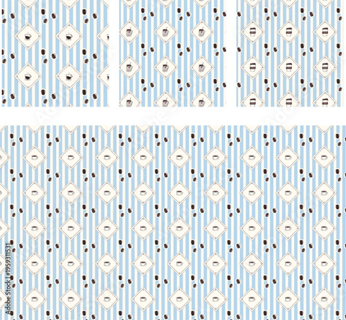Modern texture for coffee lovers with blue striped background, set of coffee cups in a rhombus with wavy outline and coffee beans