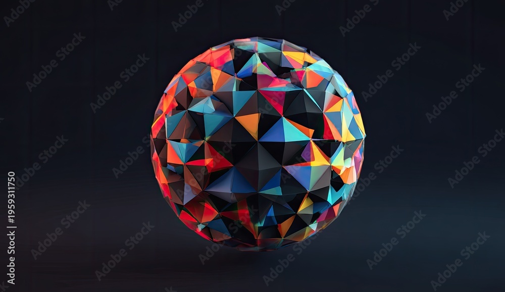 Obraz premium Sphere formed from multicolored polygonal triangles on a dark, shadowy background