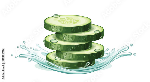 Fresh cucumber slices stacked with water splash vector illustration. Green vegetable rounds with droplets, healthy food concept for detox, skincare, and wellness designs.