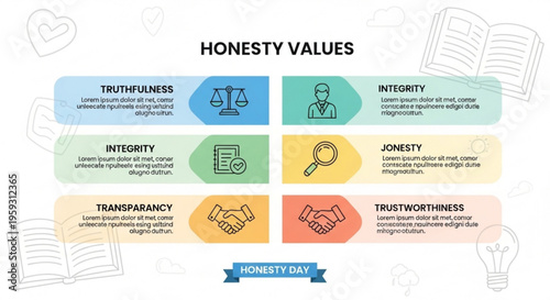 Honesty values infographic with truthfulness integrity transparency and trustworthiness icons on white background