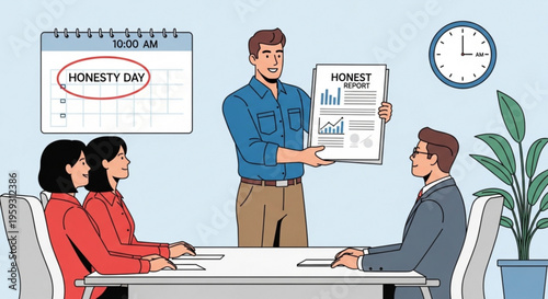 Businessman presenting honest report to colleagues on honesty day at office meeting
