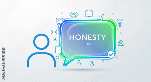 Honesty day concept with person icon and speech bubble symbolizing truthfulness and integrity in communication with various icons representing transparency and ethics