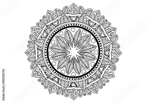 Intricate floral mandala vector, black and white botanical coloring page, symmetrical leaf pattern circular ornament for meditation and stress relief