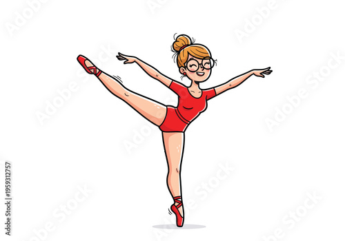Cartoon ballerina girl in red leotard performing ballet pose, cute female dancer character vector, graceful woman practicing dance in red shoes
