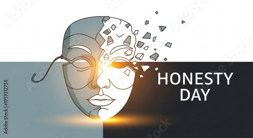 Illustration of a face with a mask shattering symbolizing honesty and truth with a dramatic lighting effect
