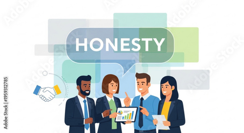 Diverse business team discussing honesty and integrity in the workplace with a presentation and handshake
