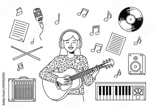 Outline music vector set with girl playing acoustic guitar, musical instruments collection, black and white line art of singer and equipment