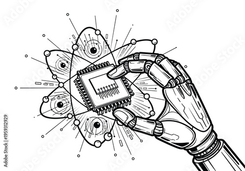Robotic hand holding microchip with atom symbol, artificial intelligence concept vector, futuristic technology and quantum computing illustration