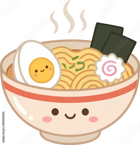 Steaming hot bowl of ramen noodles with egg and cute face