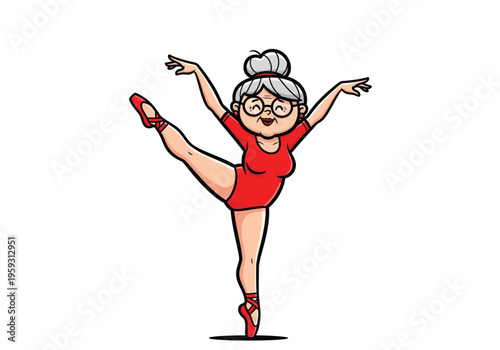 Active senior ballerina cartoon character, elderly woman in red leotard performing ballet pose, graceful grandmother dancing vector illustration