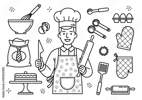 Baking chef line art vector set, professional baker with kitchen tools and pastry equipment, black and white culinary icons for cookbook