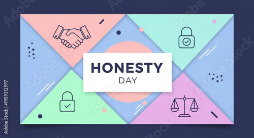 Honesty day celebration with handshake lock and scales icons on colorful geometric background