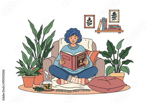 Cozy hygge lifestyle illustration, woman reading book in armchair with houseplants, relaxing home hobby vector scene with tea and books