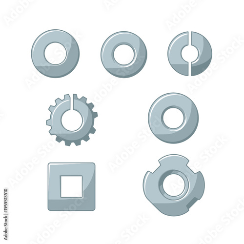 Metal washers and gears in various shapes.