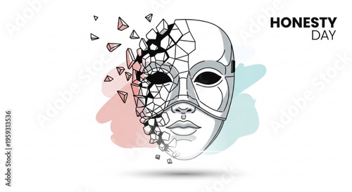 Shattered mask with geometric shapes on a white background symbolizing honesty and truth with pink and blue abstract splashes