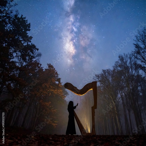 Woman playing harp under starry sky