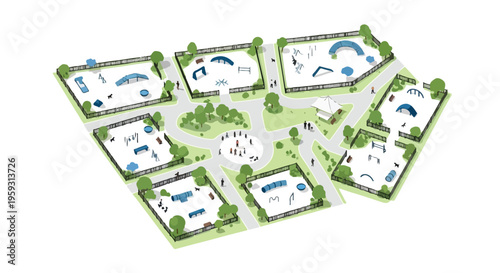 Isometric vector illustration of a modern skate park layout with multiple sections, ramps, and obstacles, surrounded by green trees and paths, ideal for urban sports and recreation design