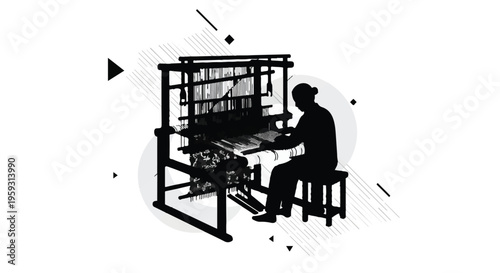 Artisan skillfully weaving fabric on a traditional loom, creating textile art.