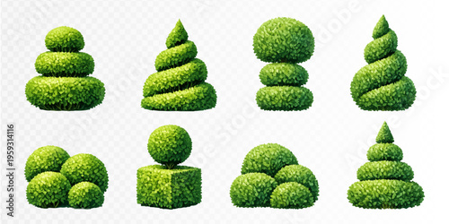 Topiary bush set with spiral, rounded and geometric forms in elegant watercolor garden style, decorative green clipart collection for landscaping plans, parks and outdoor design projects. Vector