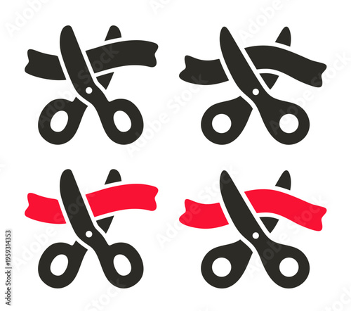 Scissors cutting a red ribbon, grand opening cutting red ribbon cute icon